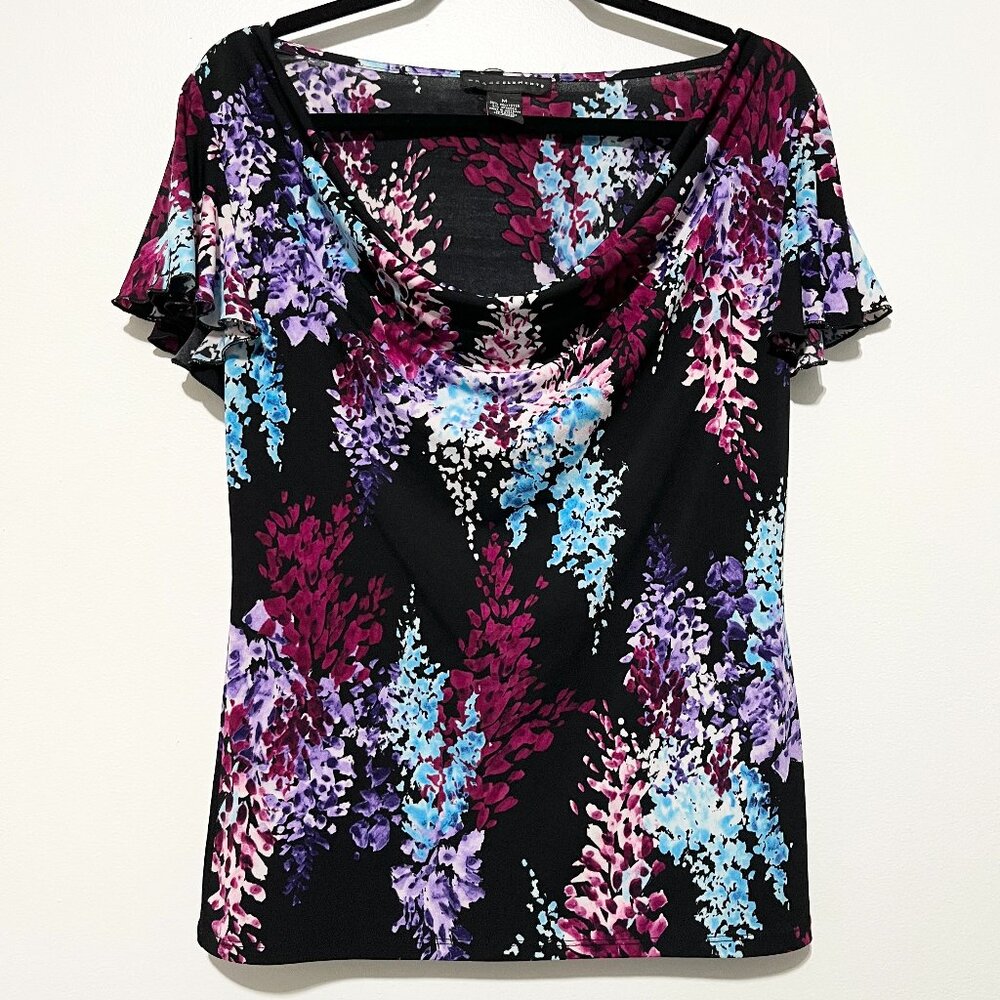 Womens Cowl Neck Floral Blouse M Flutter Sleeve Dark Fairy Liquid Knit Stretch